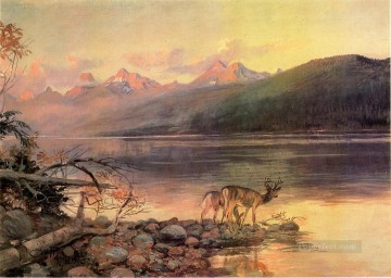 動物 Painting - マクドナルド湖の鹿の風景西部アメリカ人チャールズ・マリオン・ラッセル